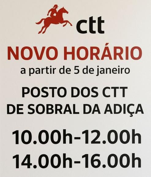 Altera&ccedil;&atilde;o do Hor&aacute;rio de Funcionamento do Posto dos CTT de Sobral da Adi&ccedil;a
