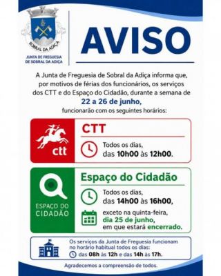 AVISO - Novos Hor&aacute;rios CTT e Espa&ccedil;o Cidad&atilde;o - Semam de 22 a26 de junho