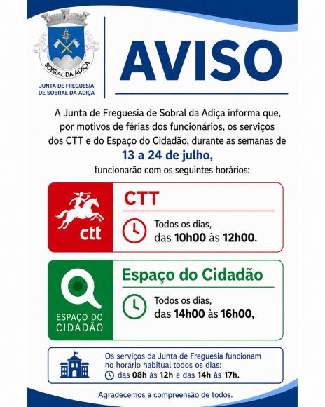 AVISO - Novos Hor&aacute;rios CTT e Espa&ccedil;o Cidad&atilde;o - Semanas de 13 a 24 de julho