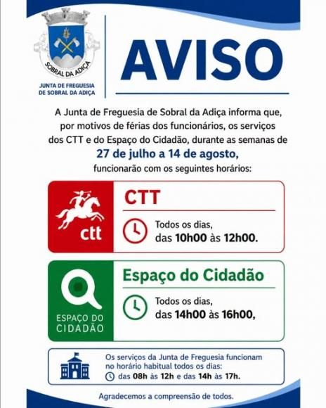 AVISO - Novos Hor&aacute;rios CTT e Espa&ccedil;o Cidad&atilde;o - Semanas de 27 de julho a 14 de agosto