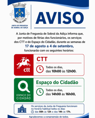 AVISO - Hor&aacute;rios CTT e Espa&ccedil;o Cidad&atilde;o - Semanas de 17 de agosto a 04 de setembro